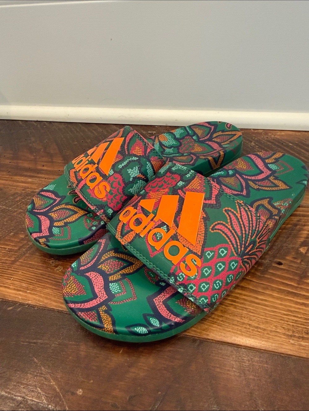 adidas Green Floral Print Kids' Slide Sandals with Orange Logo